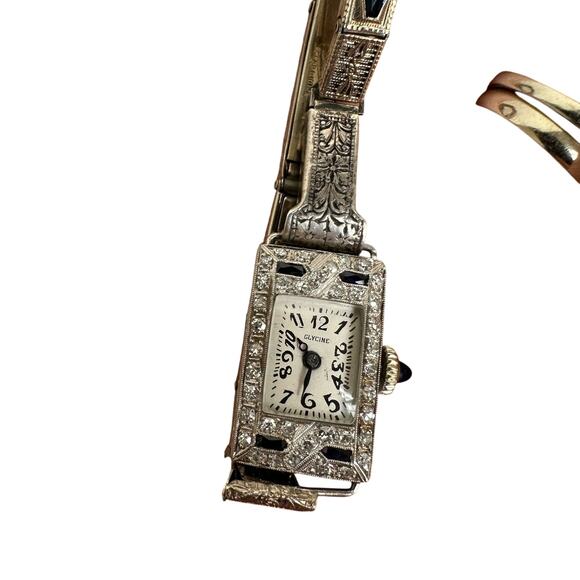Vintage 1920s Glycine Platinum Diamond & Sapphire Watch - Sterling Silver Band